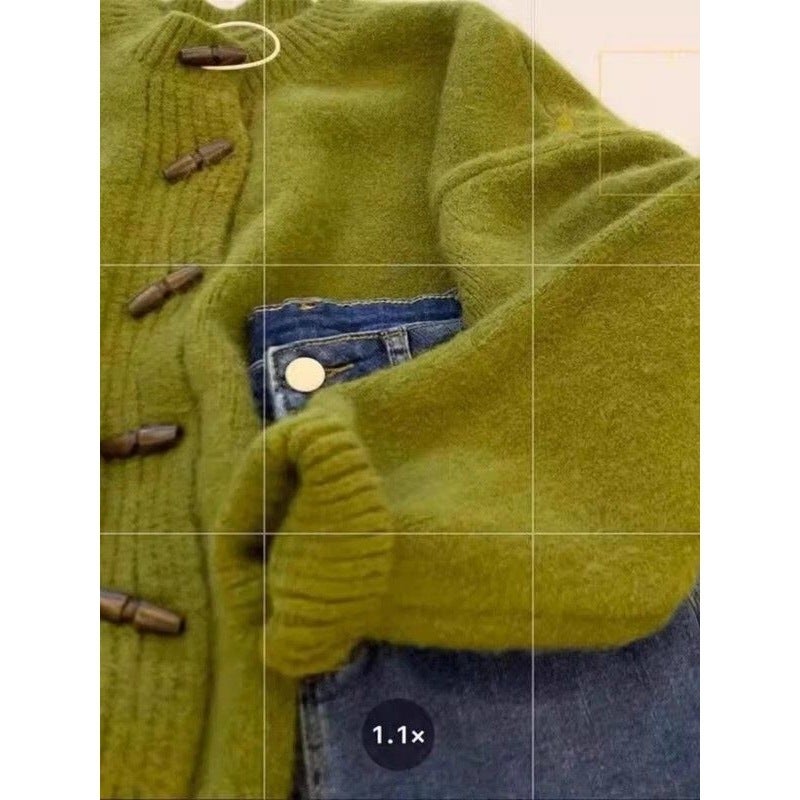 Green Horn Button Knitted Cardigan For Women, European Style Raccoon Fleece Thickened Winter Outerwear Sweater Jacket New Arrival - Image 4